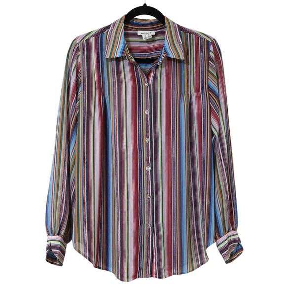 Ariat Colorful Striped Semi Sheer Button Up Shirt M Western Cowboy Boho Festival - Picture 1 of 8
